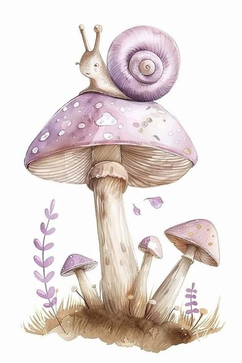 Cute Clipart Aesthetic, Watercolor Snails, Mushroom Watercolor Paintings, Toadstool Illustration, Mushroom Drawing Ideas, Snail Watercolor, Snail Painting, Mushroom Drawings, Watercolor Mushroom