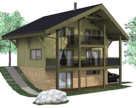 Side Slope House Plan, Bedroom Balcony Second Story, Two Story Cabin, Sloping Lot House Plan, Split Entry, Slope House, Camp Lake, Lake Cabin, Bedroom Balcony