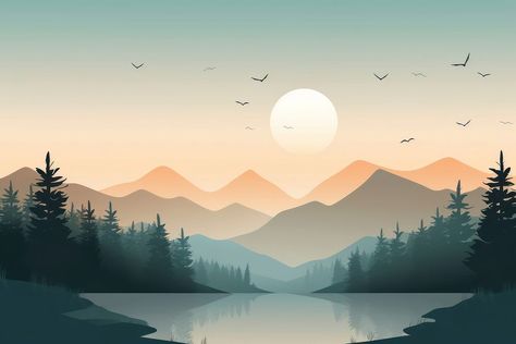 Mountain Background Drawing, Mountain Vector Illustration, Tab Aesthetic, Mountain Landscape Illustration, Vector Art Landscape, Photo To Print, Flat Landscape, Background Sunset, Exterior Murals