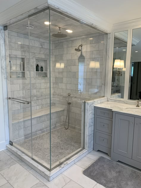 Custom steam shower with beautiful tile details. Master Baths Luxury, Luxurious Bathrooms Master Baths, Dream Bathrooms Luxury Master Bath, Luxury Showers Master Baths, Spa Bathroom Ideas Master Bath, Spa Design Interior, Bathroom Decor Spa, Steam Room Shower, Dream Bathrooms Luxury