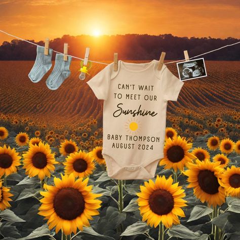 Sunset pregnancy announcement with sunflowers. Digital Canva template that can be easily edited, downloaded and sent to your loved ones. You can also print the customized image and give it to family members and friends in person. 👶 You can customize the template with name, baby scan and date. 📱 Easy to edit - use your phone, tablet or computer. We can customize the design for you for additional $5! Please purchase this listing https://www.etsy.com/ca/listing/1756826925/ and send us baby name, Summer Pregnancy Announcement, Simple Pregnancy Announcement, Baby Surprise Announcement, Unique Pregnancy Announcement, Unique Baby Announcement, New Baby Announcement, Fun Baby Announcement, Cute Pregnancy Announcement