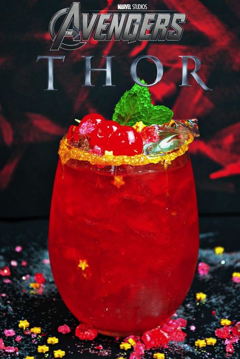 Thor Themed Food, Marvel Inspired Cocktails, Marvel Cocktails, Marvel Drinks, Thor Stormbreaker, Disney Cocktails, Cocktail Inspiration, Thor Avengers, Disney Drinks