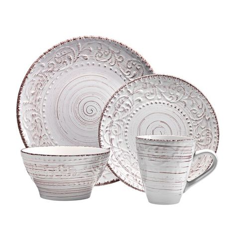 Bungalow Rose Juli 16 Piece Dinnerware Set, Service for 4 & Reviews | Wayfair Farmhouse Dinnerware Sets, Farmhouse Dinnerware, Casual Dinnerware Sets, Rustic Dinnerware, Casual Dinnerware, Stoneware Dinnerware Sets, Stoneware Dinnerware, Scroll Pattern, Distressed Painting