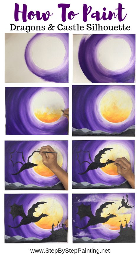 Dragon Canvas Painting Easy, Easy Beginner Painting Step By Step, Dragon Painting Acrylic Easy, Step By Step Painting For Beginners, Paint Dragon, Painting Tutorial Step By Step, Dragon Castle, Castle Silhouette, Dragon Silhouette