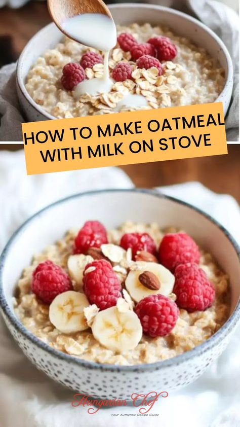 How to make oatmeal with milk on stove – Hungarian Chef Cooking Oatmeal On Stove, How To Make Oatmeal On The Stove, Oatmeal Recipes Breakfast Stovetop, Oatmeal With Milk, Breakfast Quick And Easy, Stovetop Oatmeal, Quick Oat Recipes, Microwave Oatmeal, Quick Oatmeal