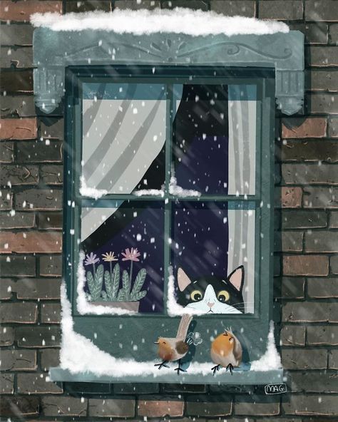 Italian Illustrator Shows In Sweet Illustrations That Even Cats Being Independent, They Can Be His Best Friends Illustration Kunst, Art Mignon, Winter Illustration, Looking Out The Window, Hur Man Målar, Art Et Illustration, Cats Illustration, Winter Art, Art And Illustration