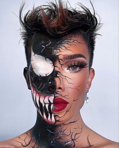 Two Face Halloween Makeup, Venom Makeup Men, Scary Face Paint Horror Makeup, Theatrical Makeup Ideas, Halloween Makeup Hard, Horror Movie Makeup Looks, Venom Makeup Halloween, Scream Make Up Looks, Halloween Face Makeup For Men