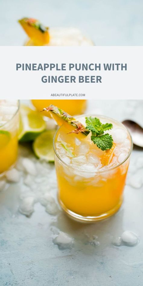 pineapple punch in glass Beer Juice Recipes, Punch With Pineapple Juice, Secretariat Movie, Pineapple Punch Recipe, Ginger Ale Punch, Beer Punch, Ciroc Pineapple, Ginger Beer Drinks, Drinks With Pineapple Juice