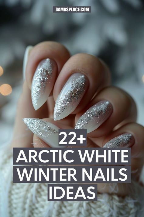 These nails feature a white base with glitter "dipped" effect at the tips. The gradient sparkle creates a soft, snowy appearance on almond-shaped nails, adding a touch of winter magic. Holiday Dipped Nails, Holiday Dip Nails Winter, Winter Sparkle Nails, Pointed Nail Designs, White Winter Nails, White Sparkle Nails, Snow White Nails, Silver Sparkle Nails, Winter Nails Art