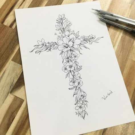 Cross With Flowers Drawing, Tattoos Mom, Tattoos Cross, Cross With Flowers, Sketches Tattoo, Tattoos Infinity, Cross Tattoos For Women, Design Tattoos, Tattoos Mandala