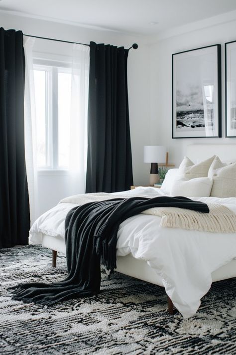 Black And White Earthy Bedroom, Black Bedding Ideas, White Bed Frames, White And Brown Bedroom, Black Bedroom Aesthetic, Bedroom Design Tips, Winter Bedroom Decor, Black And White Bedroom, White Wall Bedroom