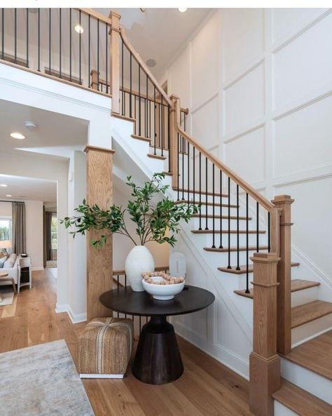 Transitional Banisters And Railings, Wainscotting Up Staircase, Staircase Design Farmhouse, Foyer With High Ceiling Entrance, Home Entryway With Stairs, Entry Way Stairs Foyers, Staircase Banister Makeover, Entry Stairway Ideas, 2024 Stair Railing