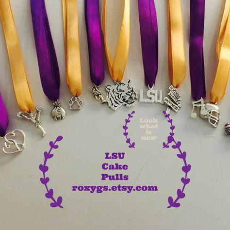 Lsu Wedding, Cake Pull Charms, Charm Cake, Ribbon Meaning, Mardi Gras Wedding, Second Line Parade, Football Wedding, Cake Pulls, Tiger Paw