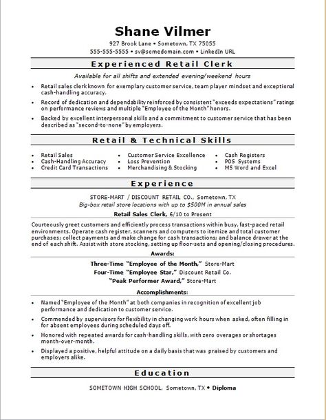 Retail clerks must be personable and exude customer service. Make sure your resume demonstrates these qualities to an employer with this sample. Call Center Resume No Experience, Retail Resume Examples, Resume Writing Samples, Sample Teacher Resume, Retail Resume, Sales Resume Examples, Sales Representative Resume, Sales Associate Resume, Resume Summary Examples