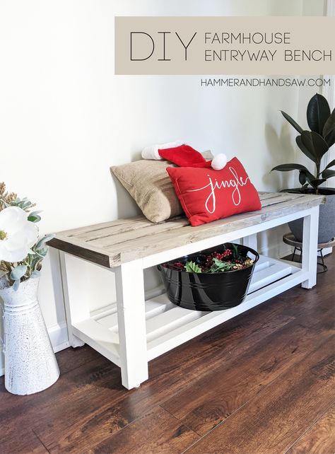 Front Door Bench, Entryway Bench Decor, Diy Entryway Bench, Farmhouse Bench Diy, Farmhouse Entry, Diy Storage Rack, Diy Storage Bench, Farmhouse Bench, Farmhouse Entryway