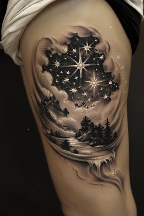 Constellation Tattoo Ideas Pleiadian Tattoo, Constellation Sleeve Tattoo, Sky Tattoos For Women, North Star Tattoo Design, Falling Star Tattoo, Constellations Tattoo, Constellation Tattoo Ideas, Night Sky Tattoo, Night Sky Tattoos