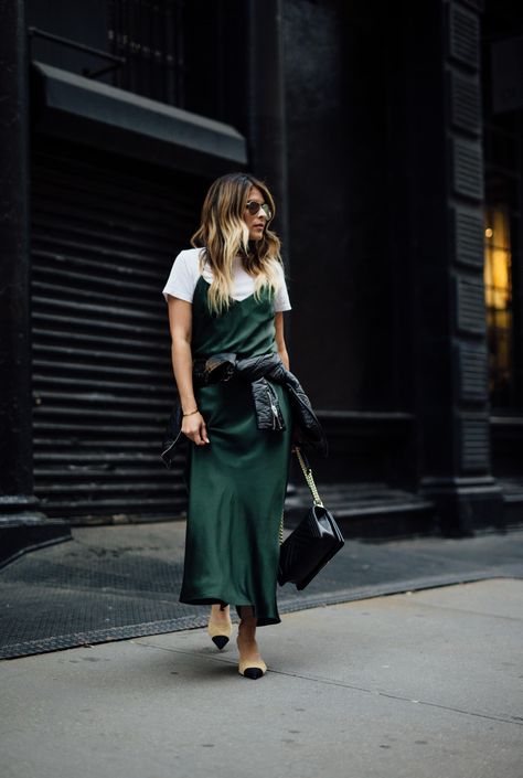 How to style a slip dress, Chanel mules, Pam Hetlinger, Leather Jacket, Spring Style | The Girl From Panama How To Wear Mules, Slip Dress Street Style, How To Style A Slip Dress, Satin Dress Outfit, Silk Dresses Outfit, Slip Dress Outfit, Street Dress, Camisole Dress, Maxi Slip Dress