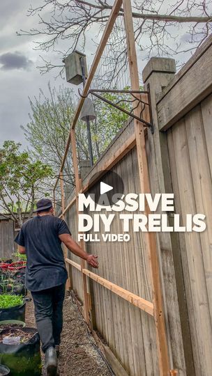 Building a 24 foot long trellis in the garden | We built a 24 foot long trellis in the garden and this is how we did it

We wanted to keep expanding our limited backyard space by creating a vertical... | By PlantedinthegardenFacebook Fishing Line Trellis, Growing Zucchini Vertically Trellis, Ladder Mesh Trellis, Heavy Duty Trellis, Vertical Garden Construction Details, Trellis Plants, Backyard Spaces, Vegetable Garden Design, Community Gardening