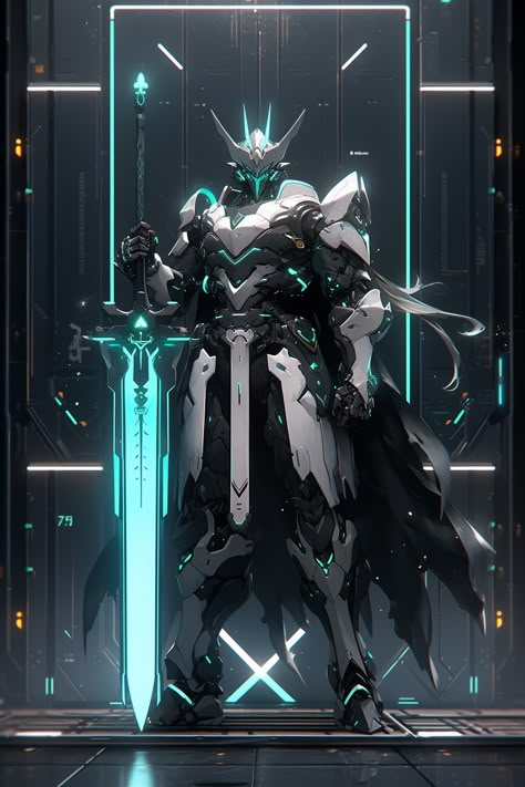 A formidable white and black mecha, its armor shimmering like precious pearls, wielding a turquoise glow sword that resonates with the ebb and flow of powerful waves, a symbol of its unwavering resolve. Fantasy Robot Art, Black And White Armor, Mecha Concept Art, Mecha Knight, Mecha Armor, Mech Armor, Powered Armor, Sci Fi Character Design, Star Wars Painting