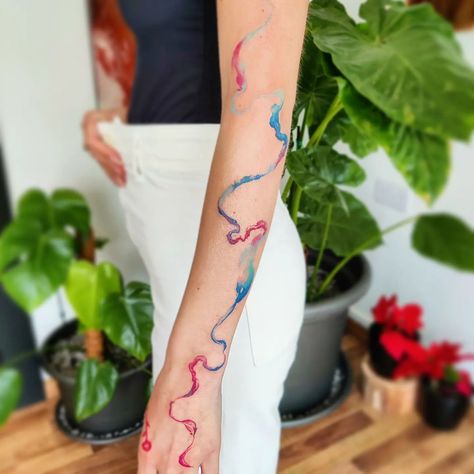 HAPPY INTERNATIONAL COLOUR DAY! 😁 Been wanting to tattoo an abstract flow piece like this for a while and I couldn't have found a better… | Instagram Arm Tattoos Color, Watercolor Tattoo Sleeve, Swirl Tattoo, Red Tattoo Ideas, Brush Tattoo, Abstract Tattoo Designs, Rainbow Tattoos, Hand And Finger Tattoos, Scar Tattoo