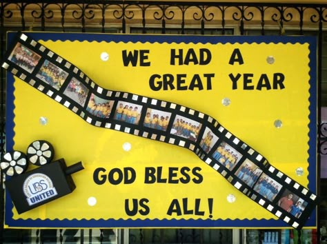 Farewell Bulletin Board Ideas, Hollywood Bulletin Board, Movie Bulletin Boards, Graduation Bulletin Board, Summer Bulletin Board, Hollywood Theme Classroom, College Bulletin Boards, Summer Bulletin Boards, Classroom Charts