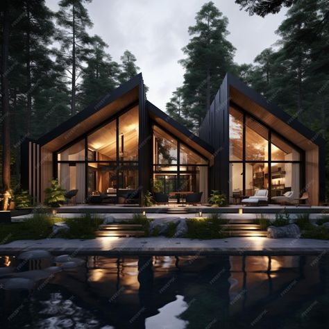 Premium Photo | Modern cabin house in deep forest Modern Cabins In The Mountains, Cabin Modern House, Forest House Architecture, Modern House In The Forest, Modern Scandinavian House, Modern Mountain Cabin, Modern Forest House, Small Modern Cabin, Scandinavian Modern House