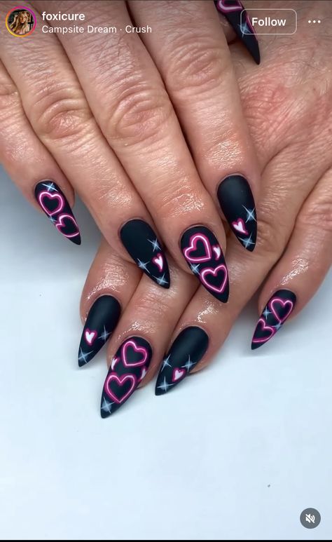 Gothic Pink Nails, Pink Witchy Nails, Black Neon Nails, Black And Pink Almond Nails, Witchy Nails Almond, Witchy Nail Designs, Pastel Goth Nails, Black Almond Nails, Rock Nails