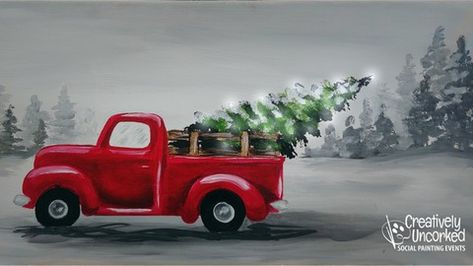 Paint a Christmas classic that all households should have! Starting with acrylic paint on canvas, then adding lights. #Ad , Old Red Truck, Truck With Christmas Tree, Wood Decorations, Tree Watercolor Painting, Christmas Red Truck, Vintage Red Truck, Christmas Paintings On Canvas, Christmas Tree Truck, Truck Paint