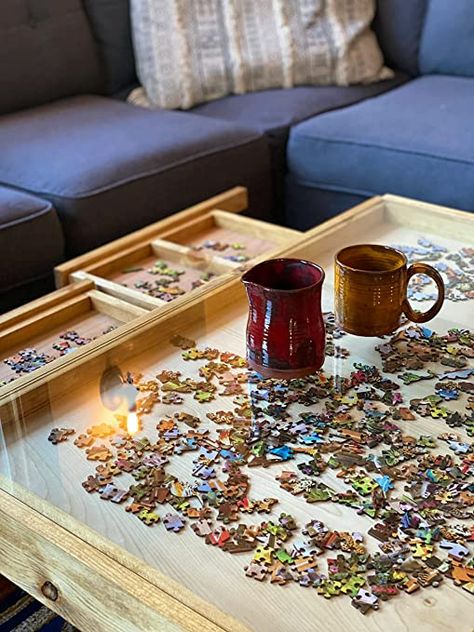 Amazon.com: Rustic Puzzle Coffee Table with Removable Glass top - Includes 2 Hidden Drawers - 24x36. 100% Made in The USA : Toys & Games Puzzle Coffee Table, Puzzle Organization, Reclaimed Wood Decor, Coffee Table Height, Diy Yard Games, Puzzle Table, Board Game Table, Display Coffee Table, Harbor House