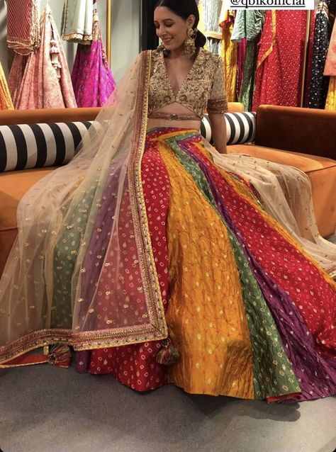 Rainbow Lengha, Bandhani Chaniya Choli, Dandiya Dress, Haldi Dress, Lehenga Saree Design, Navratri Dress, Latest Bridal Lehenga, Saree Wearing Styles, Mehendi Outfits