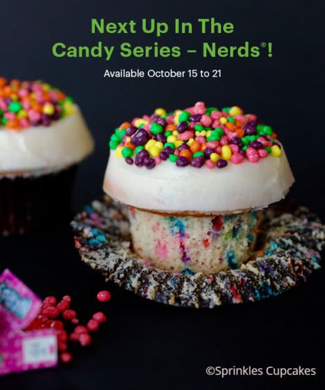 Nerds Cupcake Available for a Limited Time at Disney Sprinkles Cupcakes Locations! | the disney food blog Nerds Cupcakes, Fandom Cupcakes, Disney Villain Cupcakes, Nerds Candy Cupcakes, Disney Zombies Cupcakes, Disney Zombie Cupcakes, Movie Foods, Candy Series, Sprinkles Cupcakes