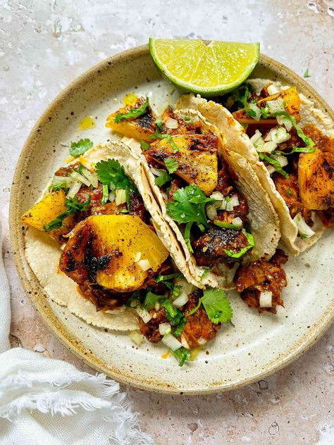 Al Pastor Recipe, Achiote Paste, Tacos Al Pastor Recipe, Al Pastor Tacos, Pork Shoulder Steak, Pastor Tacos, Roasted Pineapple, Pineapple Pork, Tacos Al Pastor