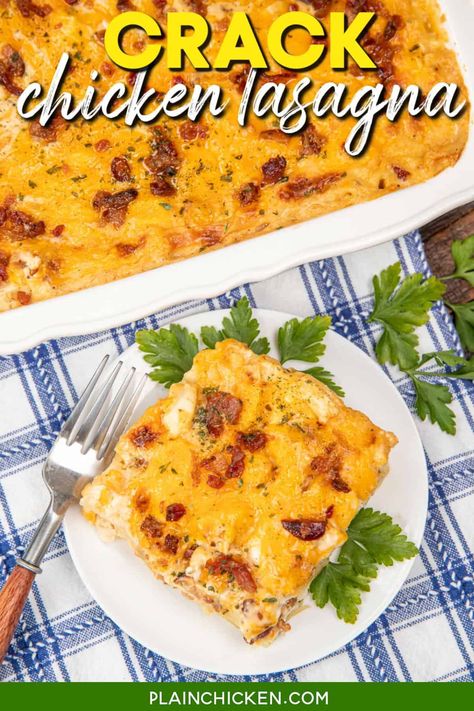 Crack Chicken Lasagna Recipe - the ultimate comfort food! Layers of tender lasagna noodles, juicy chicken, crispy bacon, and a rich Alfredo sauce, all beautifully blended with ranch seasoning and topped with gooey cheddar cheese. Perfect for family dinners or meal prep, this delicious recipe will have everyone coming back for seconds! Chicken Bacon Alfredo Lasagna, Natashas Kitchen Recipes Dinners, Million Dollar Lasagna, Recipes With Macaroni Noodles, Dinner For A Group, Best Lasagna Recipe Ever, Chicken Alfredo Lasagna Recipe, Casseroles Chicken, Pasta Receipes