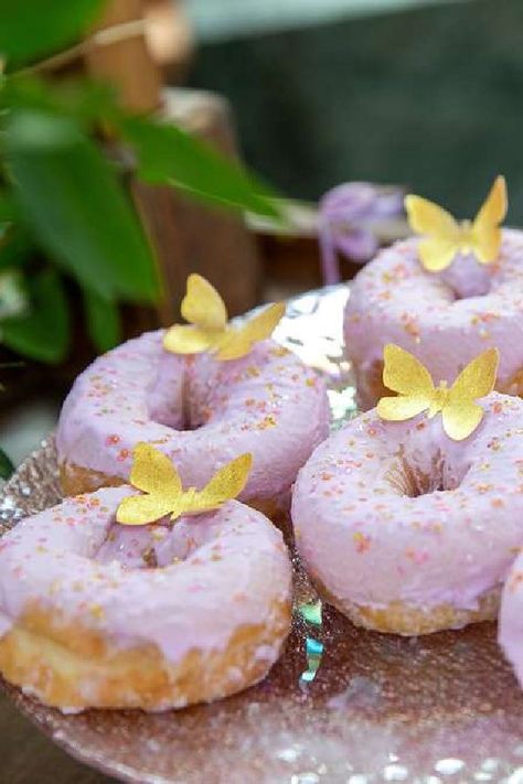 Take a look at this gorgeous butterfly 1st birthday party! Love the donuts! See more party ideas and share yours at CatchMyParty.com Butterfly Picnic Birthday, Food 1st Birthday Party, Woodland Butterfly Birthday Party, Flower Butterfly Birthday Theme, Butterfly Fairy Garden Birthday Party, Butterfly Donut Ideas, 3rd Birthday Fairy Party, Butterfly Themed 2nd Birthday Party, Flower And Butterfly Birthday Theme