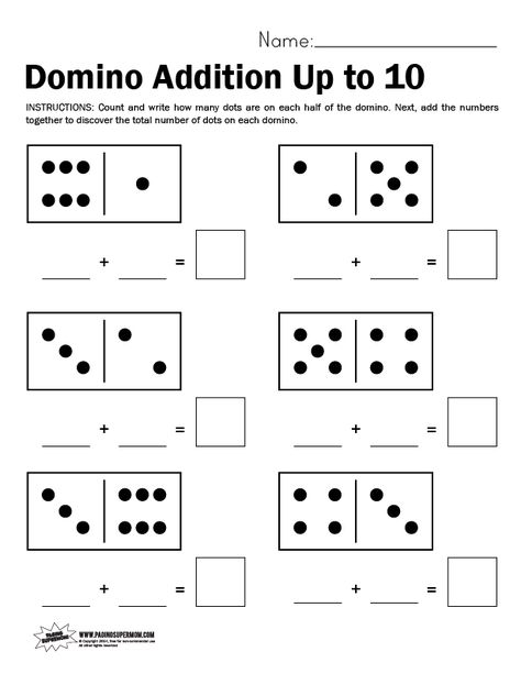 Domino Worksheet, Adding Up to 10 | Paging Supermom Adding With Dominoes, Adding To 10 Worksheet, Adding Within 10, Domino Addition Worksheet, Addition Worksheets First Grade, Adding To 10, Domino Addition, Addition Within 10, Kindergarten Math Worksheets Free