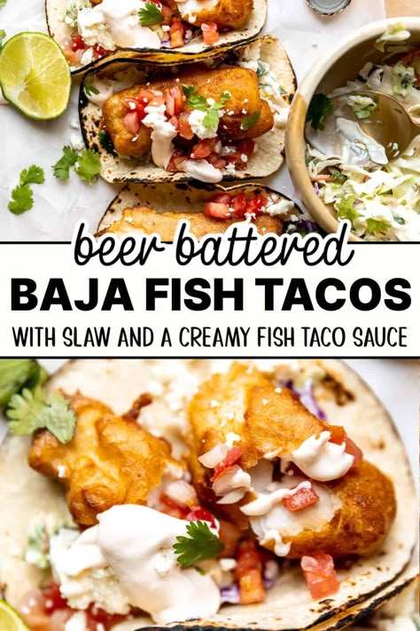 The ultimate Beer Battered Baja Fish Tacos! This easy to make fried fish is SO crispy thanks to the beer batter. Crispy and flaky, the fish is layered on corn tortillas with cabbage slaw, Pico de Gallo, and a creamy fish taco sauce. The ultimate summer taco recipe that everyone will love! Beer Battered Fish Tacos With Baja Sauce, Best Fish Taco Recipe Ever, Cabo Fish Taco Recipes, Fish Taco Beer Batter Recipe, Breaded Cod Fish Tacos, Deep Fried Fish Tacos, Crispy Fish Tacos With Cabbage Slaw, Fish Street Tacos Recipe, Fish Tacos Batter