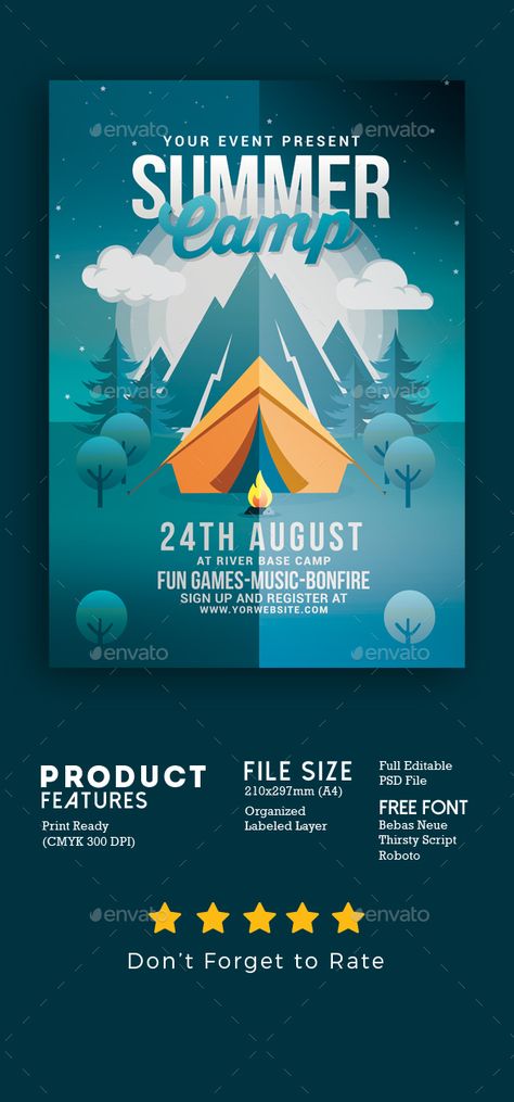 Summer Camp Flyer Template PSD. Download - 100% CMYK print Ready 300 DPI - Well Organized Layer - Full Editable Text Summer Camp Poster Design, Camping Poster Design, Day Camping Ideas, Children Poster Design, Activity Poster Design, Camp Event, Camp Poster, Camping Poster, Poster Design Kids