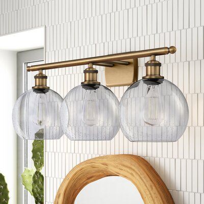 Mercury Row® Anchondo 3-Light Dimmable Vanity Light | Wayfair Mirrors And Lights, Bath Vanity Lighting, Beachcrest Home, Bathroom Vanity Lighting, Vanity Light, Home Store, Incandescent Bulbs, Glass Globe, Yellow And Brown