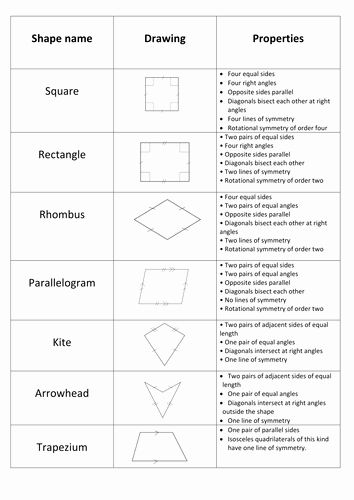 Teaching Quadrilaterals, Properties Of Quadrilaterals, Quadrilaterals Worksheet, Classifying Quadrilaterals, Symmetry Worksheets, Geometry Lessons, Teaching Geometry, Math Charts, Geometry Worksheets