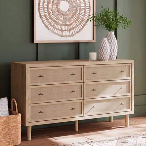 Clean-lined and contemporary - but far from stark - this dresser is a fresh style awakening. Pairing a light finish with replicated oak grain and textured beige cane details, its mixed materials bring a naturally versatile vibe to your bedroom. Sleek, simple hardware plays perfectly with the modern aesthetic. Prepare to have your mind blown by the vast universe of possibilities that await within the spacious drawers. Features Dresser only Made with engineered wood (MDF/particleboard/plywood) and decorative laminate for the right balance of affordability and durability Dry, light finish with replicated oak grain and authentic touch Decorative laminate replicates natural or man-made material surfaces with consistent color, pattern and texture Framed front and pilasters Framed drawer fronts w Teen Headboard, Two Tone Dresser, Teen Bedroom Sets, Dresser And Mirror, Upholstered Bedroom, Kids Loft Beds, King Upholstered Bed, Teen Furniture, Reclining Furniture