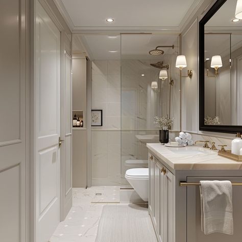 Bathroom Classic Luxury, Modern Classic Bathroom Design, Master Bathrooms Luxury, Modern Classic Bathroom, Transitional Style Bathroom, Classical Bathroom, Transitional Bathroom Design, Neutral Bathroom Decor, Luxury Toilet