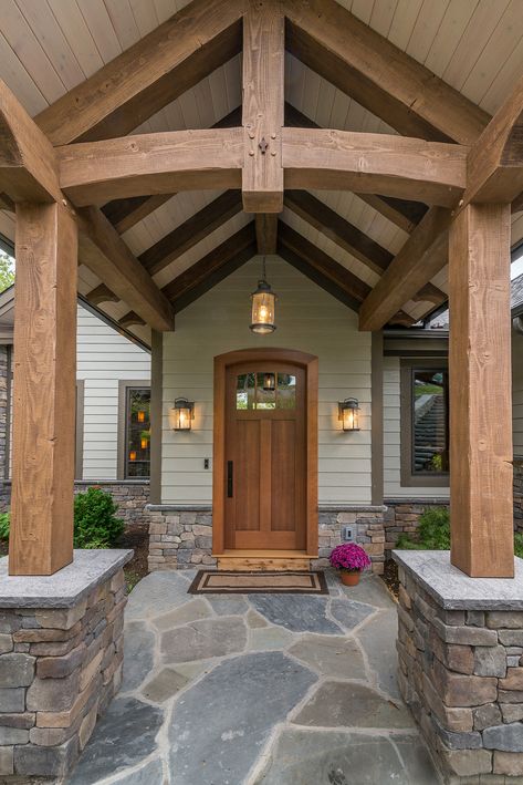 Timber Frame Porch Front Entry, Timber Frame Exterior, Modern Timber Frame Homes, Porch Beams, Closed In Porch, Modern Timber Frame, Timber Frame Porch, Canandaigua Lake, Building Modern