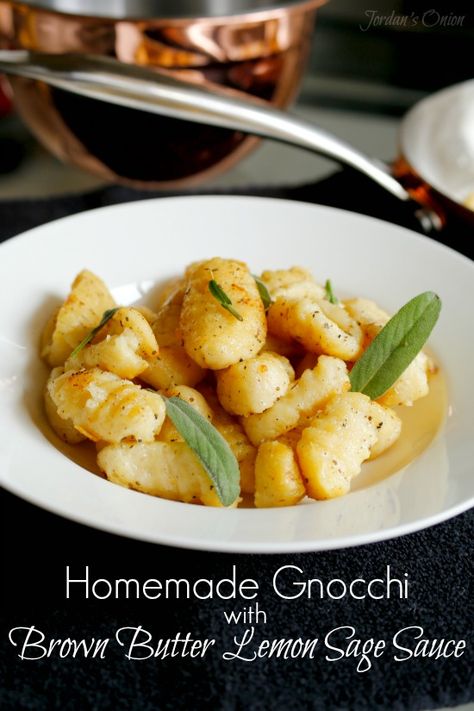 Homemade Gnocchi with Brown Butter Lemon Sage Sauce | Jordan's Easy Entertaining Brown Butter Gnocchi, Butter Gnocchi, Make Gnocchi, Gnocchi Recipes Easy, Sage Sauce, Pumpkin Gnocchi, Sweet Potato Gnocchi, Sage Butter, Homemade Gnocchi