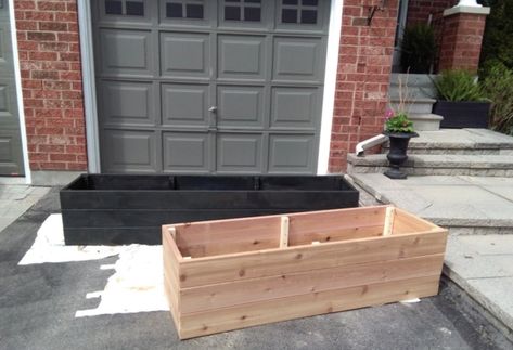 Cedar Planters Stained Black - Tutorial Planter Privacy Screen, Making Raised Beds, I'll Be Waiting, Vegetable Planters, Patio Flowers, Cedar Boards, Cedar Planters, Black Planters, One Room Challenge