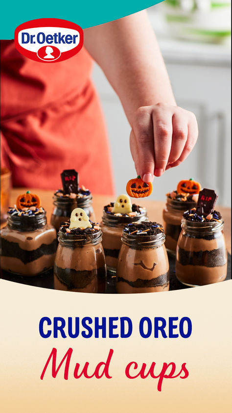 Have some frightful family fun this Halloween, with these spooktacular Mud Cups 🪦🎃   This simple bake will get your little ones into the Halloween spirit! Add crushed oreos to make the 'soil' and top with our Halloween Chocolatey Decorations for a terrifyingly tasty treat! 👻  Will you be giving these a go?   #LittleMakesABigDifference #HalloweenBaking Mud Cups Recipe, Mud Cups, Choc Cake, Cupcake Packaging, Diy Jar, Crushed Oreos, Halloween Baking, Halloween Food, Fun Baking Recipes