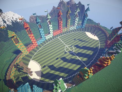 Quidditch pitch - the universe of Harry Potter! Minecraft Project Hogwarts Minecraft, Minecraft Kale, Minecraft Blueprint, Harry Potter Minecraft, Minecraft Poster, Villa Minecraft, Mobs Minecraft, Quidditch Pitch, Memes Minecraft