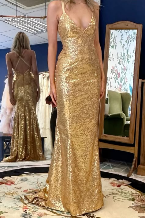 gold, sequin, prom 2024, tight, cross back Gold Strapless Prom Dress, Gold Matric Dance Dresses, Prom Dress Inspiration Gold, Prom Gold Dress, Golden Birthday Dress, Gold Gala Dress, Gold Dress Prom, Glittery Prom Dress, Sparkly Gold Dress