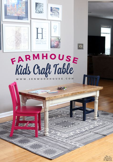 I want a table like this for the girls and the upcoming little brother/sister How to build a DIY Farmhouse Kids Table. Free building plans by Jen Woodhouse Kids Craft Table, Kids Craft Tables, Diy Kids Table, Craft Table Diy, Kids Play Table, Table Farmhouse, Kids Table, Simple Furniture, Diy Farmhouse