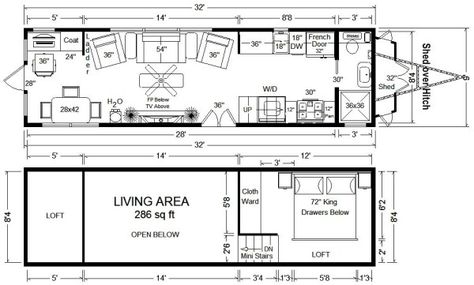 Tiny House Floor Plans: 32' Tiny Home on Wheels Design Tiny House Trailer Plans, Tiny House Floor Plan, Mobile House Ideas, Organization Xiii, Tiny House Kits, Tiny Home Plans, Mini Homes, Remodel Farmhouse, Sims Home