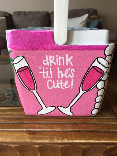 Girl Cooler Painting, Sorority Coolers Painted, Girly Painted Cooler, Sorority Cooler Ideas, Girly Cooler Painting, Painting Cooler Ideas, Painted Coolers For Girls Ideas, Cooler Painting Ideas, Cup Pong